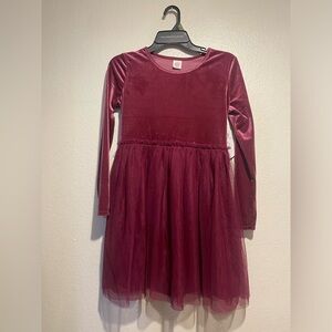 Girls' Velvet & Tulle Long-Sleeve Dress - Burgundy